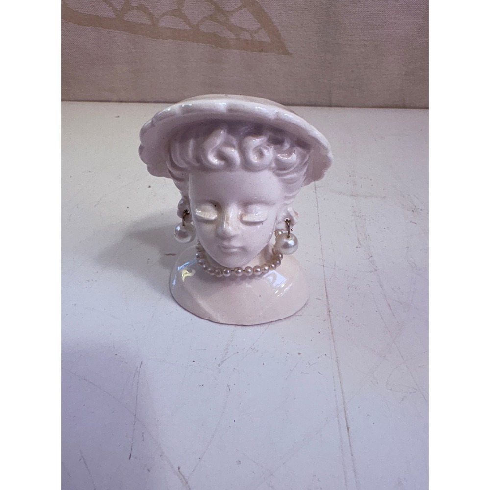 Vintage Japan Ceramic Lady Head Vase White Bust with Faux Pearls Scalloped Hat